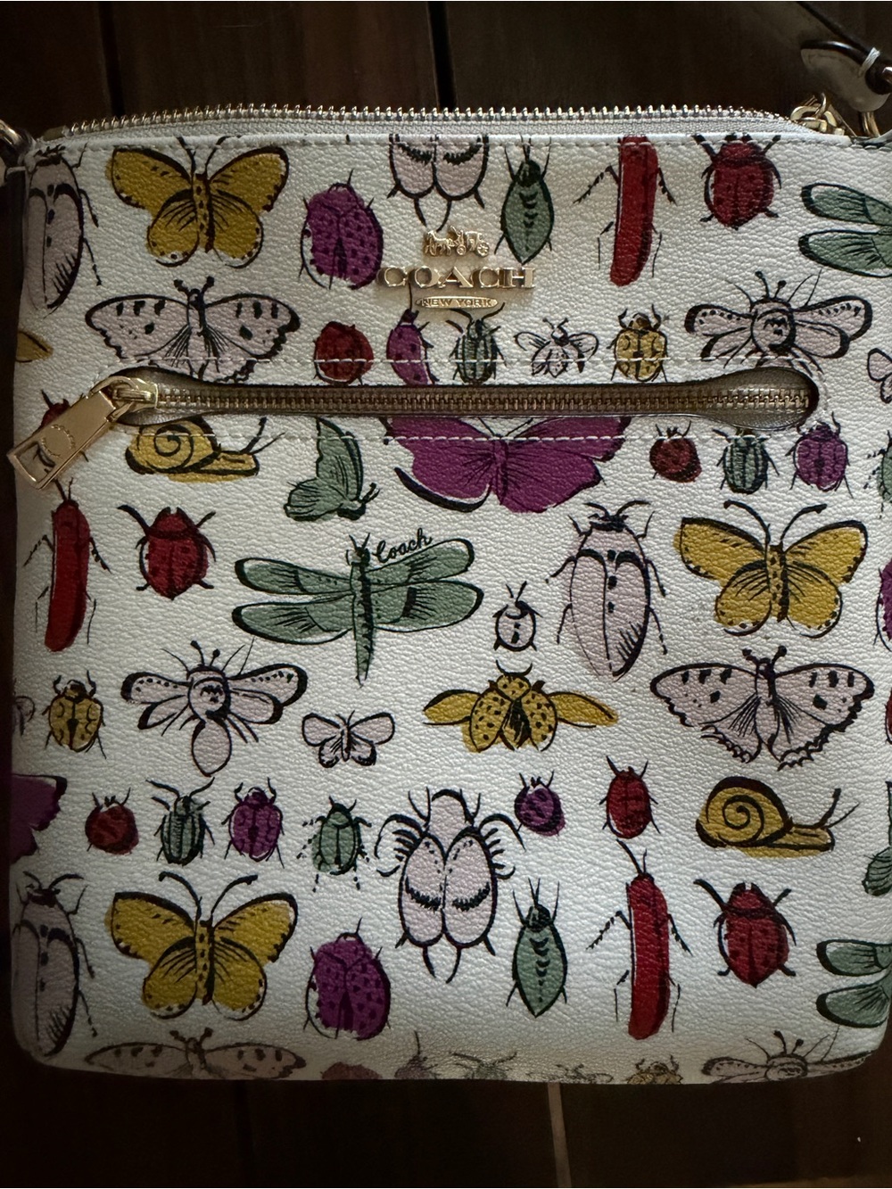 White Bug-Print Crossbody Bag with Gold Hardware - Picture 4 of 4